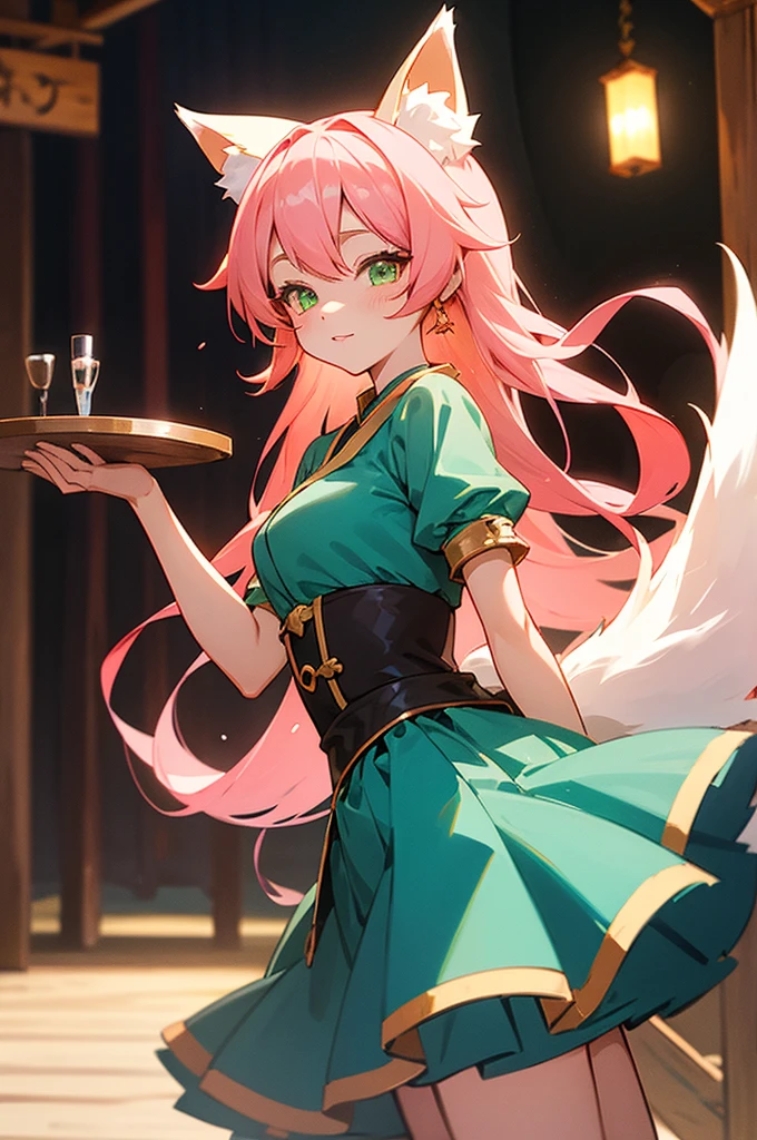 kitsune idol in a tavern, foxgirl, fox ears, fox tails, pink hair, green eyes, light blue idol dress, tavern background, high quality, masterpiece