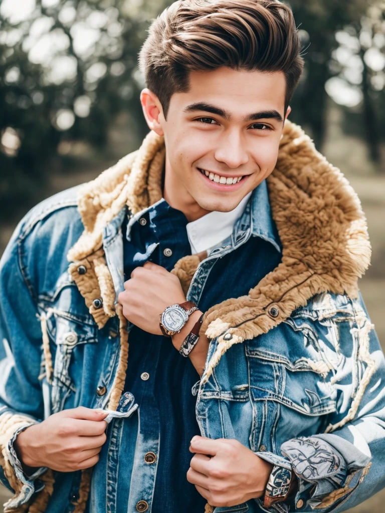 boy,clean-shaven face,short hair,clear skin,denim jacket,happy smile,brown eyes,blue jeans,portraits,vivid colors,warm color tones,natural lighting,ultra-detailed,studio lighting,fun and playful,happiness,joyful expression, not tattos