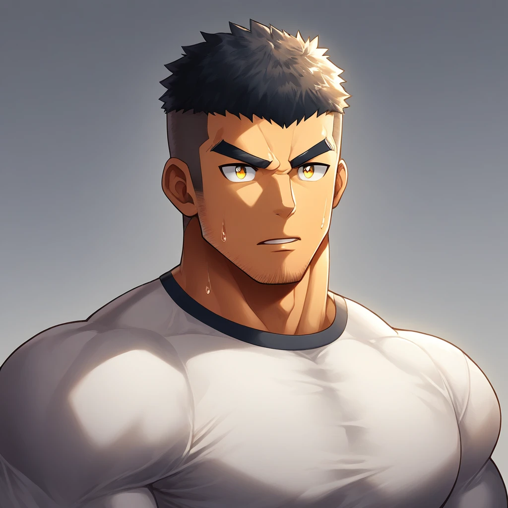 anime characters:Gyee, Deep black skin, Muscle Sports Student, 1 muscular tough guy, Manliness, male focus, Close-up of the side, Light yellow high collar long sleeve tight T-shirt, Very tight, The clothes were soaked with sweat, The pectoral muscles are oversized, Slightly transparent, muscular male, muscular, only, Upper body, alone, Black short hair, Thick eyebrows, stubble, Yellow eyes, Grey background, simple background, amazing quality, best aesthetics, Ridiculous, bright pupils, crew cut, parted lips, v-shaped eyebrows, jitome, disdain, drop shadow, best quality