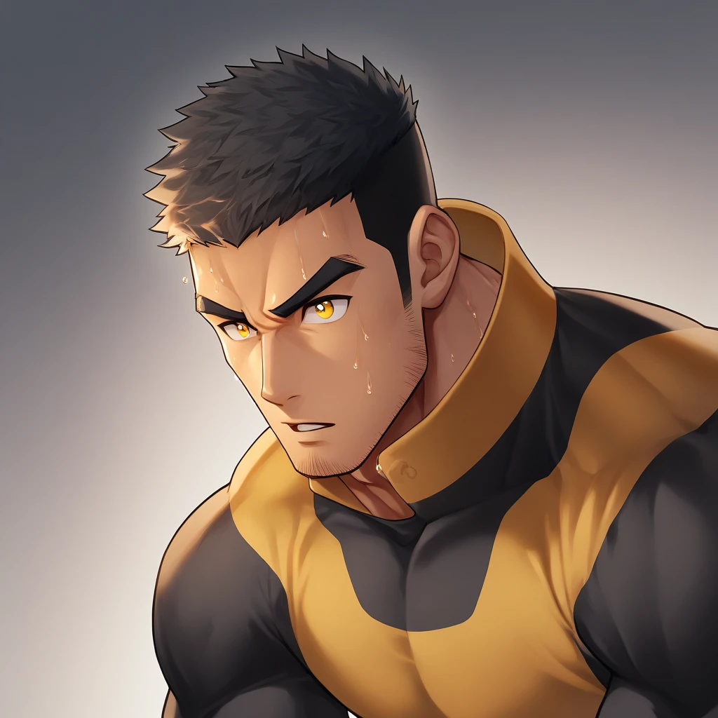 anime characters:Gyee, Deep black skin, Muscle Sports Student, 1 muscular tough guy, Manliness, male focus, Close-up of the side, Light yellow high collar long sleeve tight T-shirt, Very tight, The clothes were soaked with sweat, The pectoral muscles are oversized, Slightly transparent, muscular male, muscular, only, Upper body, alone, Black short hair, Thick eyebrows, stubble, Yellow eyes, Grey background, simple background, amazing quality, best aesthetics, Ridiculous, bright pupils, crew cut, parted lips, v-shaped eyebrows, jitome, disdain, drop shadow, best quality