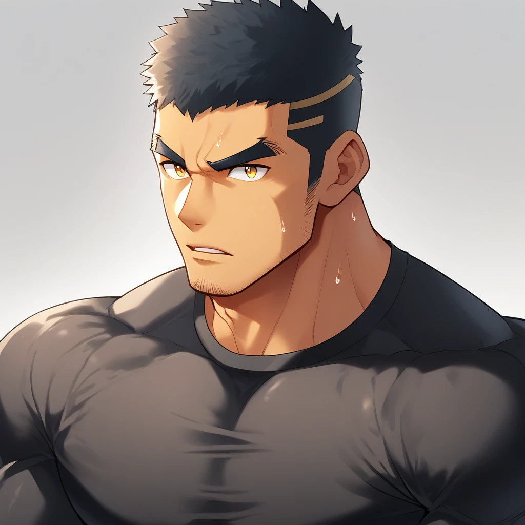 anime characters:Gyee, Deep black skin, Muscle Sports Student, 1 muscular tough guy, Manliness, male focus, Close-up of the side, Light yellow high collar long sleeve tight T-shirt, Very tight, The clothes were soaked with sweat, The pectoral muscles are oversized, Slightly transparent, muscular male, muscular, only, Upper body, alone, Black short hair, Thick eyebrows, stubble, Yellow eyes, Grey background, simple background, amazing quality, best aesthetics, Ridiculous, bright pupils, crew cut, parted lips, v-shaped eyebrows, jitome, disdain, drop shadow, best quality