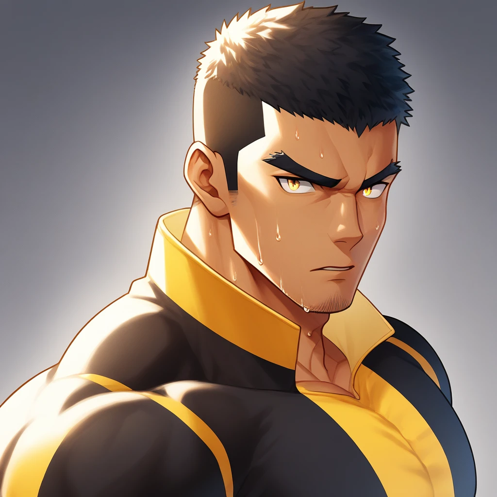 anime characters：Gyee,  Deep black skin, Muscle Sports Student, 1 muscular tough guy, Manliness, male focus, Close-up of the side, Light yellow high collar long sleeve tight T-shirt, Very tight, The clothes were soaked with sweat, The pectoral muscles are oversized, Slightly transparent, muscular male, muscular, only, Upper body, alone, Black short hair, Thick eyebrows, stubble, Yellow eyes, Grey background, simple background, amazing quality, best aesthetics, Ridiculous, bright pupils, crew cut, parted lips, v-shaped eyebrows, jitome, disdain, drop shadow, best quality