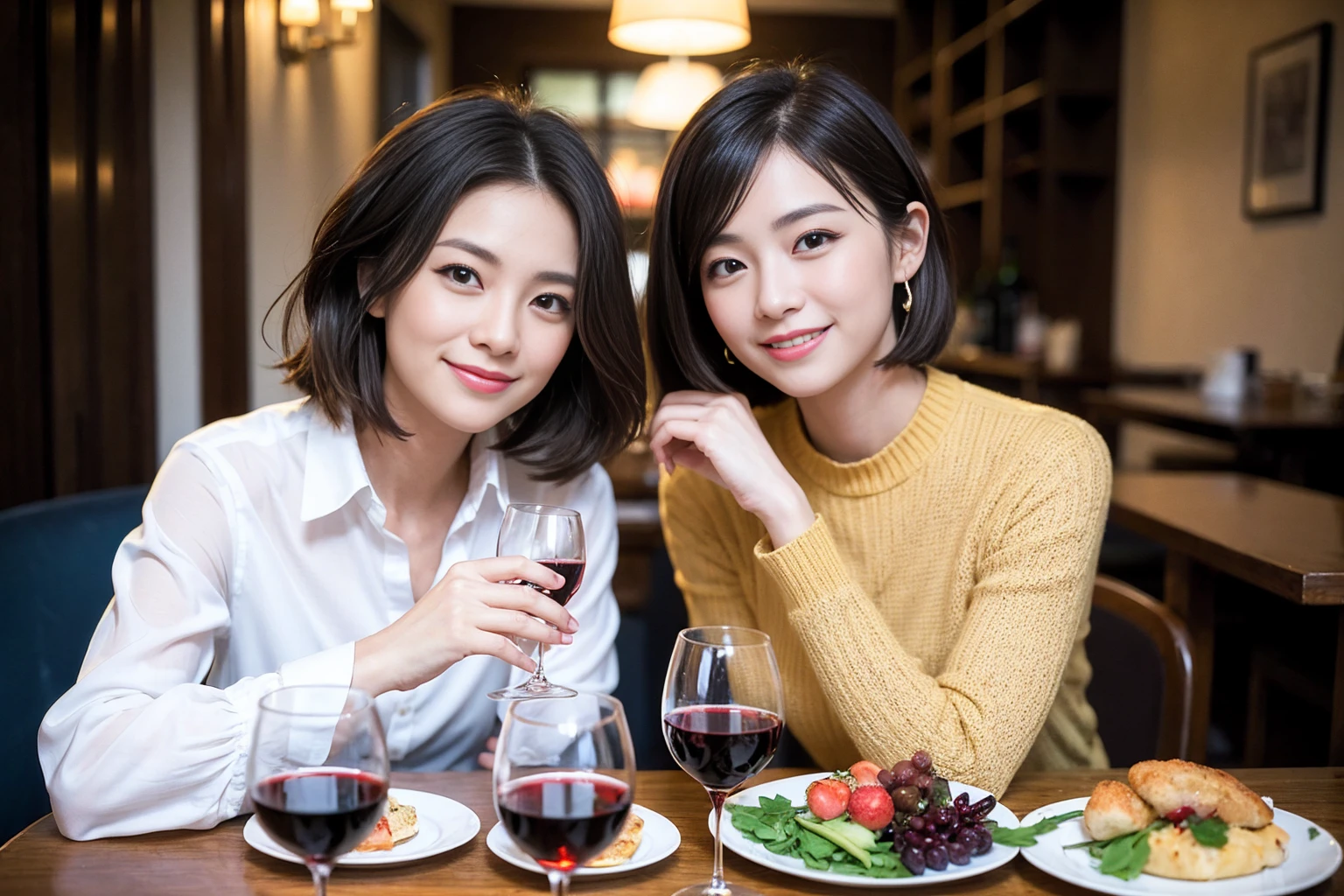 ((Highest quality、8K、masterpiece:1.3))、 (Ultra-realistic、 Genuine、Bright image、Intricate details:1.2), 最高のsmile、Slim Beauty、1 male、1 female、Beautiful couple、love love love、A lover who resembles Uchida Yuki、Good friends、actress couple、smile、Full-course dinner at a packed table、 (Slim face), (the body is slim), (Brown Hair), (short hair), テーブルのwine glass、Please shine a light on my face、 Amazing view of the sunset sky and clouds、, red wine 、Appetizers、Wine bottle、sparkling wine、Long sleeve shirt、dress、White wine, red wine, wine glass,