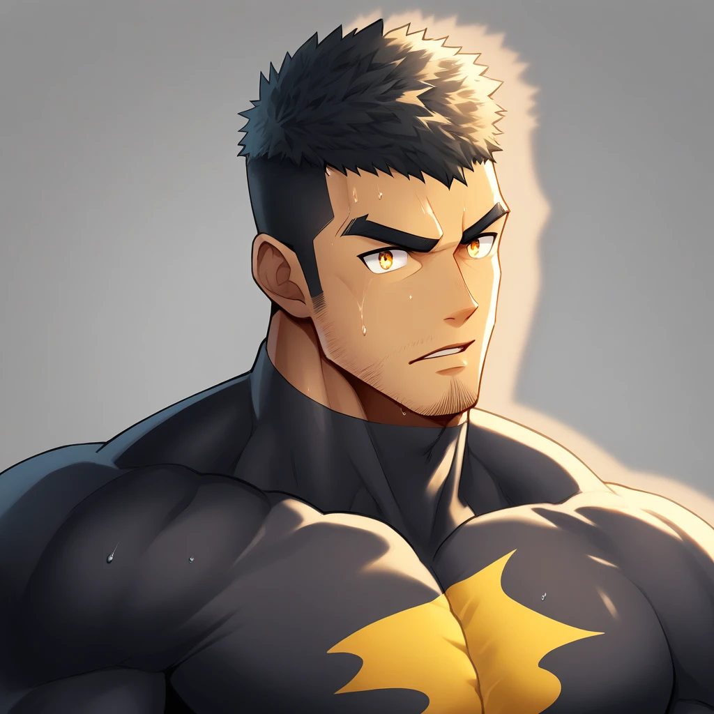 anime characters:Gyee, Deep black skin, Muscle Sports Student, 1 muscular tough guy, Manliness, male focus, Close-up of the side, Light yellow high collar long sleeve tight T-shirt, Very tight, The clothes were soaked with sweat, The pectoral muscles are oversized, Slightly transparent, muscular male, muscular, only, Upper body, alone, Black short hair, Thick eyebrows, stubble, Yellow eyes, Grey background, simple background, amazing quality, best aesthetics, Ridiculous, bright pupils, crew cut, parted lips, v-shaped eyebrows, jitome, disdain, drop shadow, best quality
