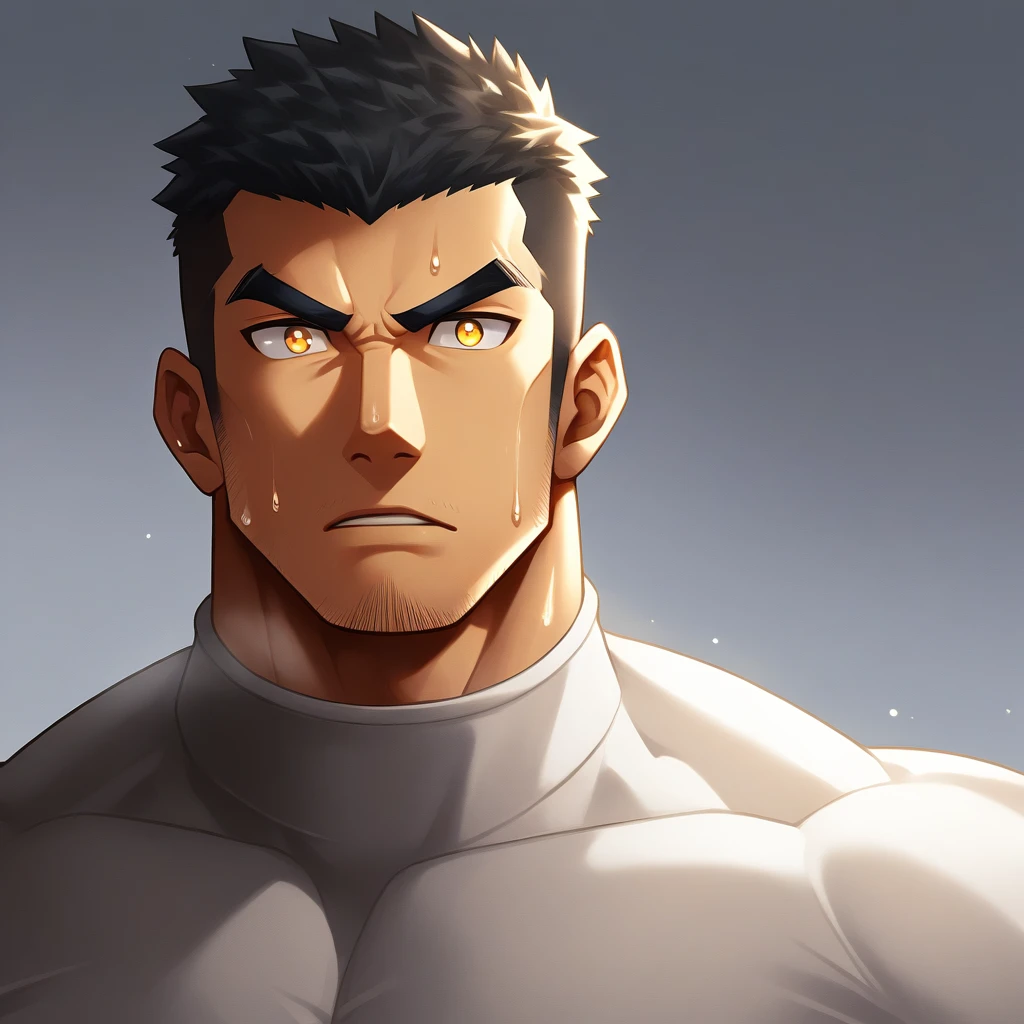 anime characters：Gyee,  Deep black skin, Muscle Sports Student, 1 muscular tough guy, Manliness, male focus, Close-up of the side, Light yellow high collar long sleeve tight T-shirt, Very tight, The clothes were soaked with sweat, The pectoral muscles are oversized, Slightly transparent, muscular male, muscular, only, Upper body, alone, Black short hair, Thick eyebrows, stubble, Yellow eyes, Grey background, simple background, amazing quality, best aesthetics, Ridiculous, bright pupils, crew cut, parted lips, v-shaped eyebrows, jitome, disdain, drop shadow, best quality