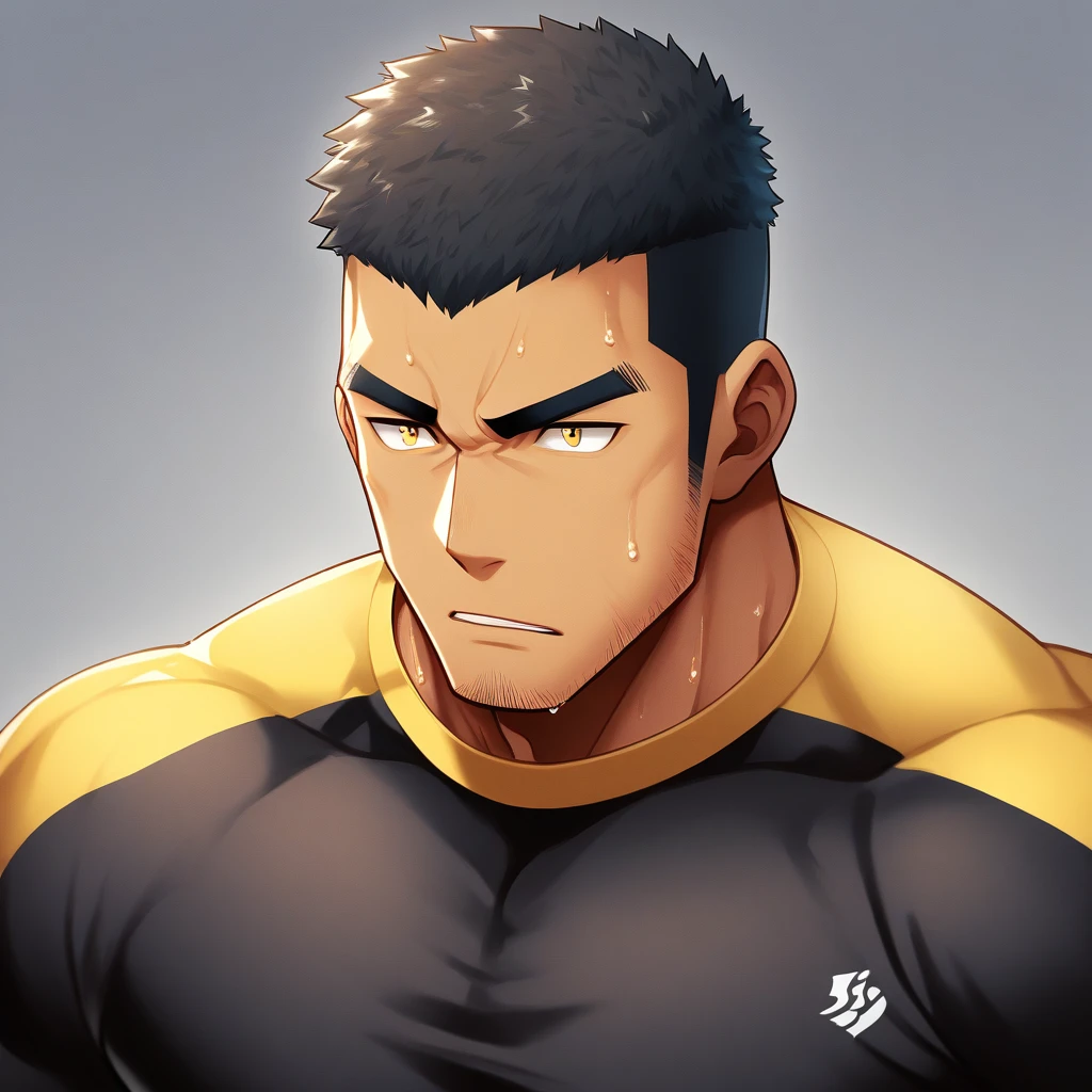 anime characters：Gyee,  Deep black skin, Muscle Sports Student, 1 muscular tough guy, Manliness, male focus, Close-up of the side, Light yellow high collar long sleeve tight T-shirt, Very tight, The clothes were soaked with sweat, The pectoral muscles are oversized, Slightly transparent, muscular male, muscular, only, Upper body, alone, Black short hair, Thick eyebrows, stubble, Yellow eyes, Grey background, simple background, amazing quality, best aesthetics, Ridiculous, bright pupils, crew cut, parted lips, v-shaped eyebrows, jitome, disdain, drop shadow, best quality