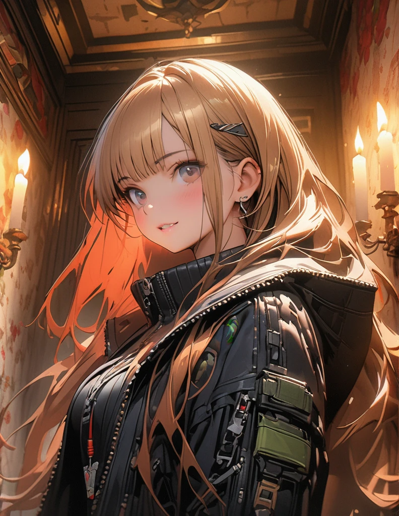 quality(8k wallpaper of extremely detailed CG unit, ​masterpiece, hight resolution, top-quality, top-quality ,hyper realisitic, digitial painting,increase the resolution,RAW photos，best qualtiy,highly detailed,the wallpaper),BREAK,8K, vampire girl, Techwear, ancient room, candles 