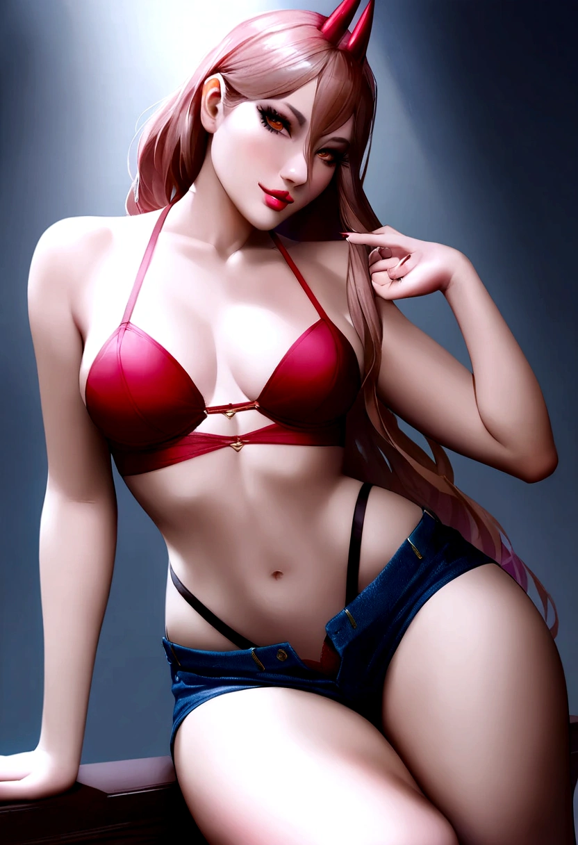 1 girl, short pink crop top revealing half of her midriff, short shorts slightly opened in the middle, sitting on a table in a sexy pose, mischievous smile, seductive, detailed lips, long eyelashes, realistic clothes , vivid colors, elegant, sensual, alluring, seductive, portrait