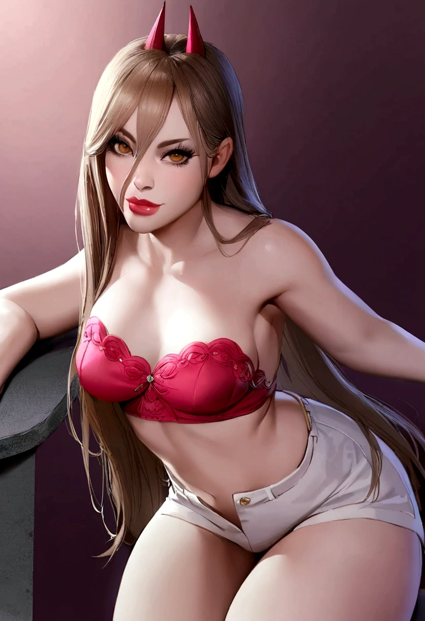 1 girl, short pink crop top revealing half of her midriff, short shorts slightly opened in the middle, sitting on a table in a sexy pose, mischievous smile, seductive, detailed lips, long eyelashes, realistic clothes , vivid colors, elegant, sensual, alluring, seductive, portrait