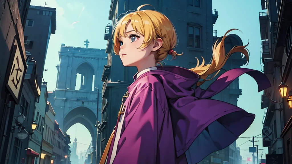 Create hero anime lofi background with lit background and priest character