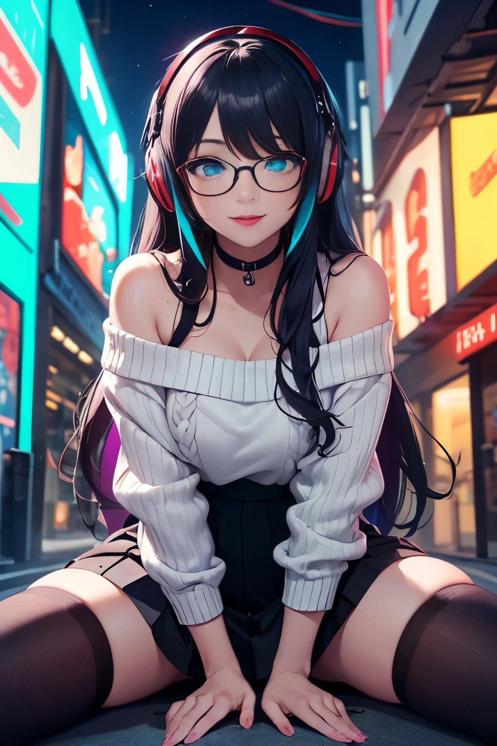((best quality)), ((masterpiece)), ((detailed eyes)), perfect face, female, gamer girl, ((aqua eyes)), (cherry-red lips), light smile, long black hair, purple streaked hair, wearing headphones, bangs, ribbon, choker, nerdy glasses, she is wearing white off-shoulder sweater, she is sitting on the ground, ((missionary pose)), ((legs spread open)), inner thighs exposed, black skirt, nighttime, neon lights, colorful lights, purple and cyan themed background