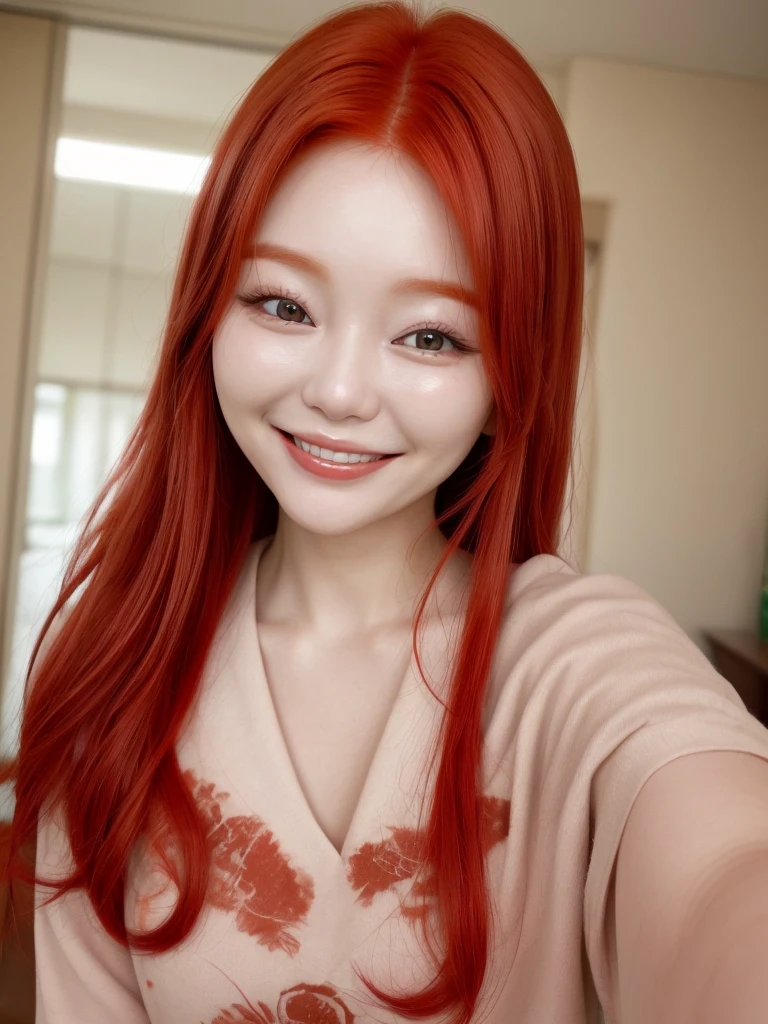 Selfie red haired Korean woman smiling