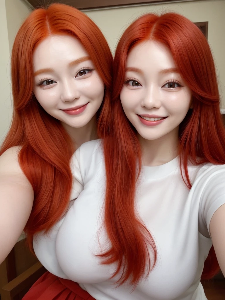 Selfie red haired Korean woman smiling