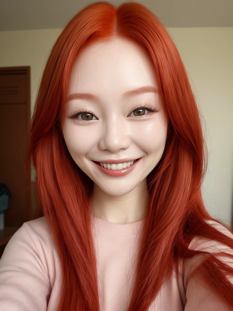 Selfie red haired Korean woman smiling