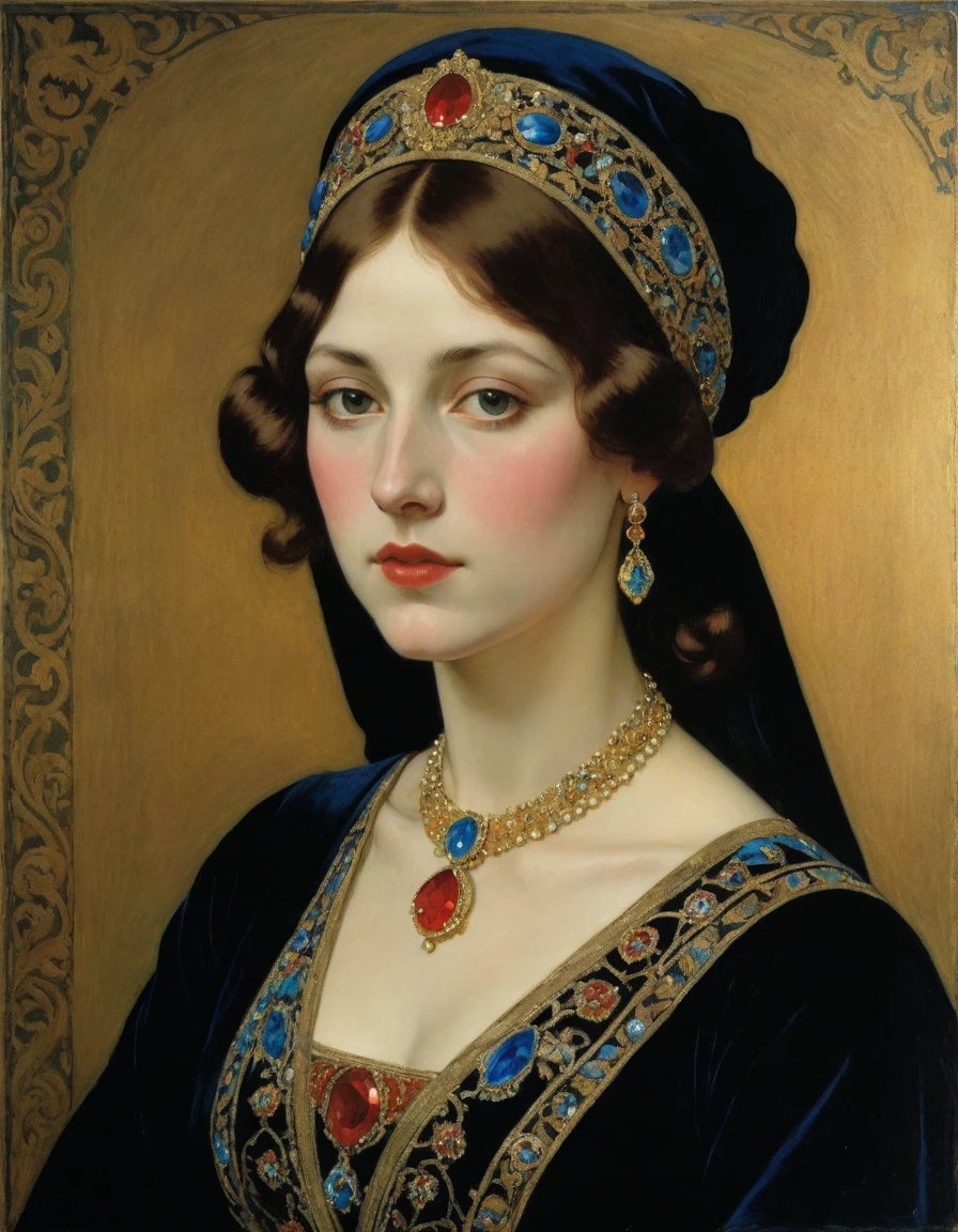 Design me a {{Colossal Masterpiece, high detail}}, a ((((Half body portrait)))), ((by Léon Bakst)), (by Moebius Jean Giraud), the composition is: a very young male noblewoman, sullen, sensual, facing viewer. She is wearing a fur hat and veil. She is wearing a black Byzantine caftan with Mughal elements, embroidered Slavic elements, sashes, red diamond pendant