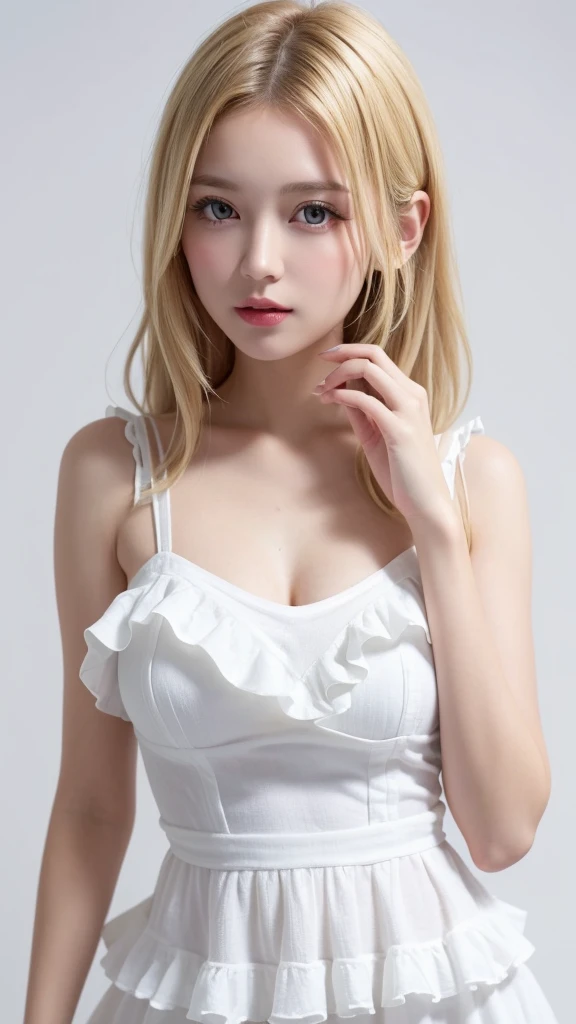 (((forehead、Blonde、Northern Europe、White people、beautiful girl、Blonde、White background、Frills、race、dress)))、table top, highest quality, figure, super detailed, finely, High resolution, 8k wallpaper, Perfect dynamic composition, detailed and beautiful eyes, Deco out,bionde, medium hair, super big breasts, Natural color lip,white background, random cute poses,frill dress
