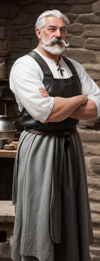 A man with gray hair and a thick mustache, Without beard.
Has strong shoulders and arms.
Dress in comfortable medieval clothing.
Over his clothes he wears a blackish leather apron..
It is in a blacksmith shop built with stone bricks.