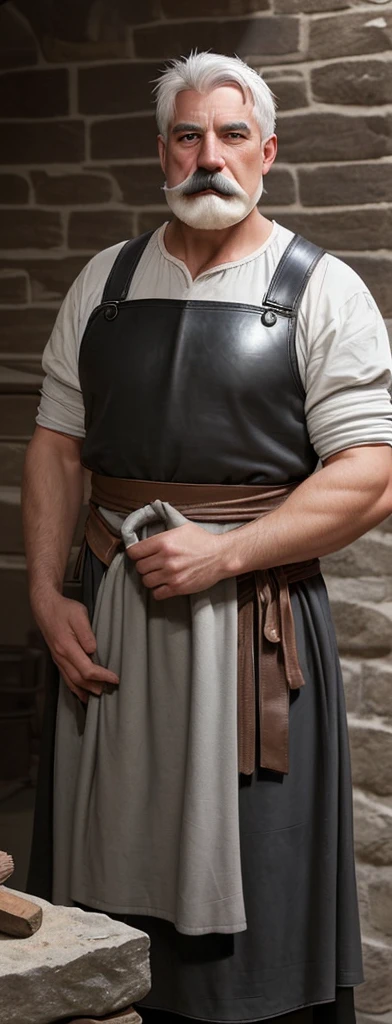 A man with gray hair and a thick mustache, Without beard.
Has strong shoulders and arms.
Dress in comfortable medieval clothing.
Over his clothes he wears a blackish leather apron..
It is in a blacksmith shop built with stone bricks.