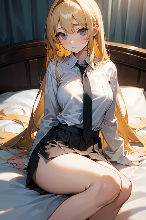 In the bed、Blonde medium-long hair、beautiful girl、Big Breasts、high school girl、shirt、White Shirt、tie、sleeves roll up、damaged fashion、slender