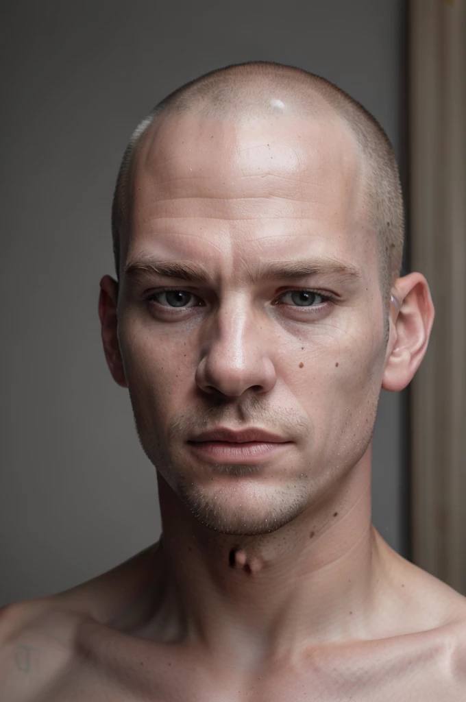 (8k, RAW photo, best quality, masterpiece:1.2), (realistic, photo-realistic:1.37), ultra-detailed, (high detailed skin:1.2), 8k uhd, dslr, soft lighting, high quality, film grain, Fujifilm XT3, professional lighting, handsome 1man ,pale skin, gray eyes, dark blond, shaved head (strong jaw:1) brutal