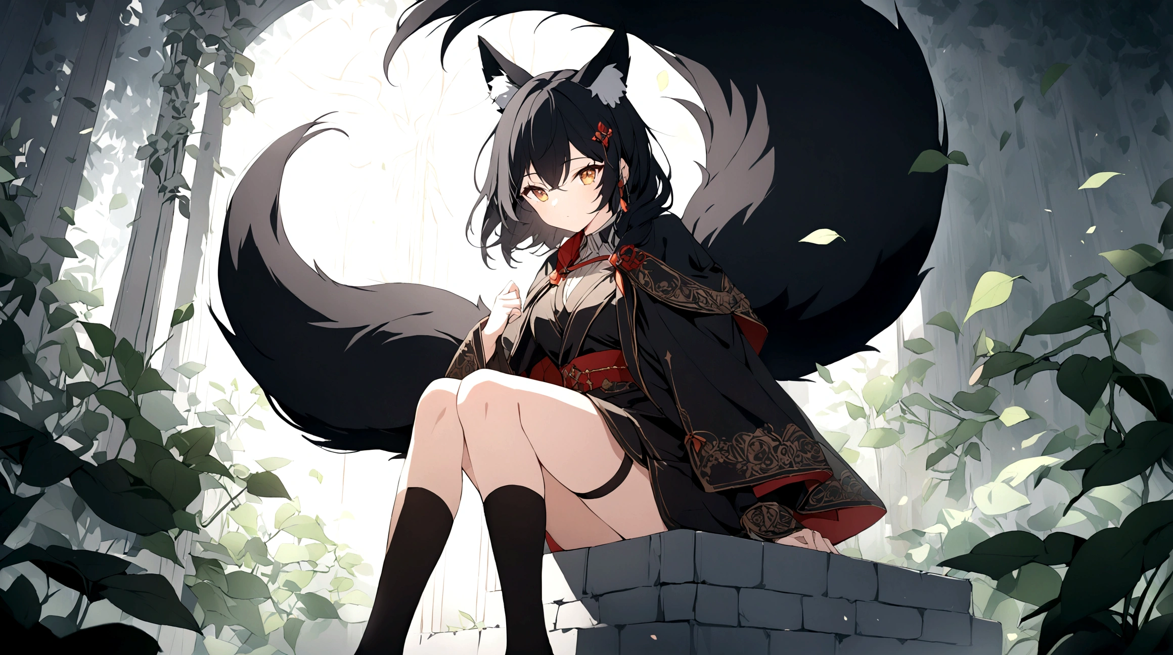 (1girl, Masterpiece, best quality) (detailed and beautiful eyes:1.6) (perfect hands, perfect anatomy) ((full body)) ((Adult)) fox-girl Misaki has ((short black hair styled in a slightly tousled manner and her fox ears are perked up attentively.)) (She wears a long, black leather coat and cloak adorned with intricate designs.) Her outfit includes a high-collared adventurer medium dress with red accents and leather straps, emphasizing a combination of elegance and practicality. She has a black fluffy fox tail. She has a black over-to-knee socks. Misaki's orange eyes exude a sense of mystery and confidence. Light filtering through the leaves create a serene yet enigmatic atmosphere. Her positon showcases her strength, adultness and readiness for battle.
