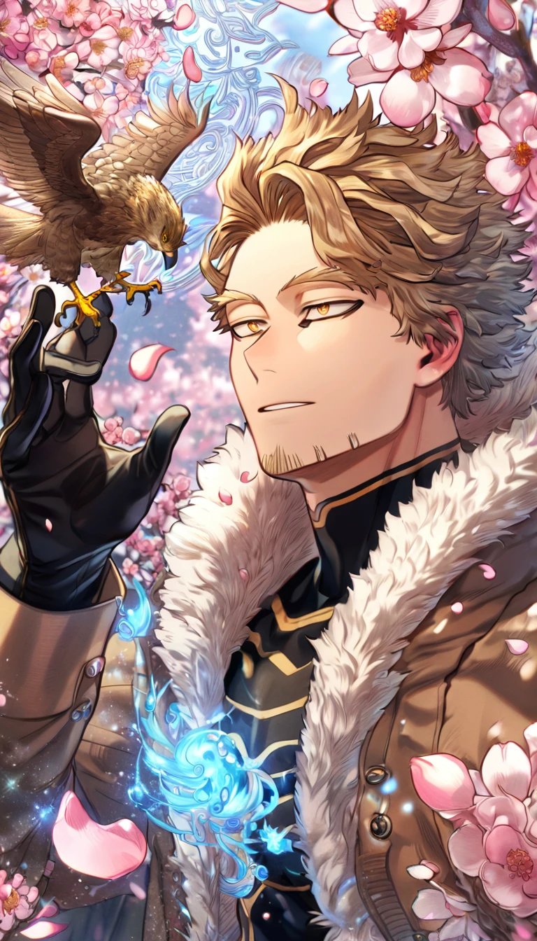 absurdres, highres, ultra detailed, HDR, master piece, Hawks, brown-blond hair, expressive brown-golden eyes, brown coat with fur, faint beard, Boku No Hero Academia, sexy man, handsome, best quality, blossoms, pink petals, pink flowers, fantasy, magical, blue shining fireflies, solo, black tight shirt with patterns, black gloves, red piercing,