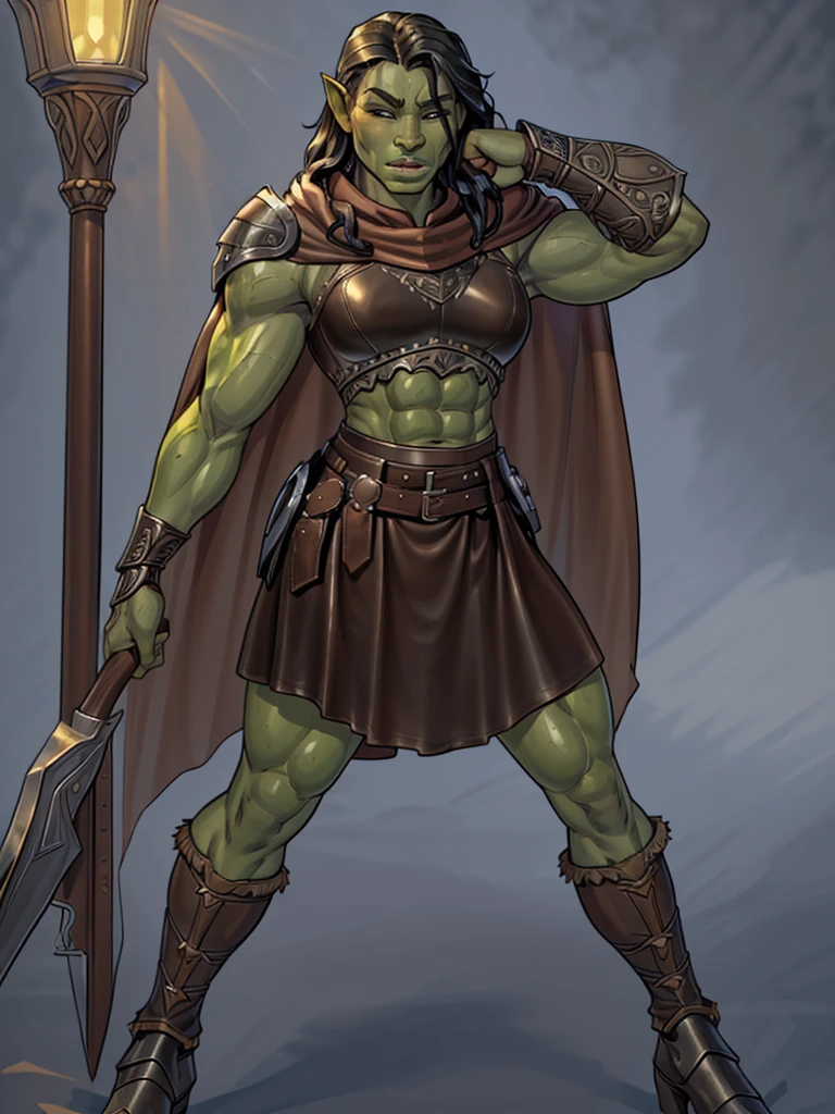 (((solo))), female-orc, tall, High quality, highly detailed, masterpiece, RAW photo, best quality, (small biceps), (cute feminine face), ((no abs belly), thin waist, (((green skin))), (thin hips), big nose, thick lip, black hair, ((loose hair)), long hair, (pleasure), very sweaty, wet, cinematic lighting, lush illumination, (thin arms), (thin legs), big lips, small breasts, muted colors, (((leather armor, long skirt))), belts, (((big pauldrons, intricate details))), (((fur cape))), boots, (full size))