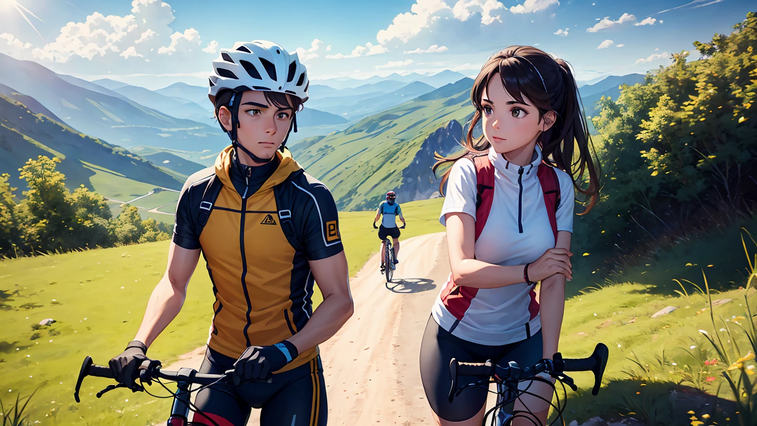 a couple of a latin girl and a european guy having a MTB bike ride in the mountain