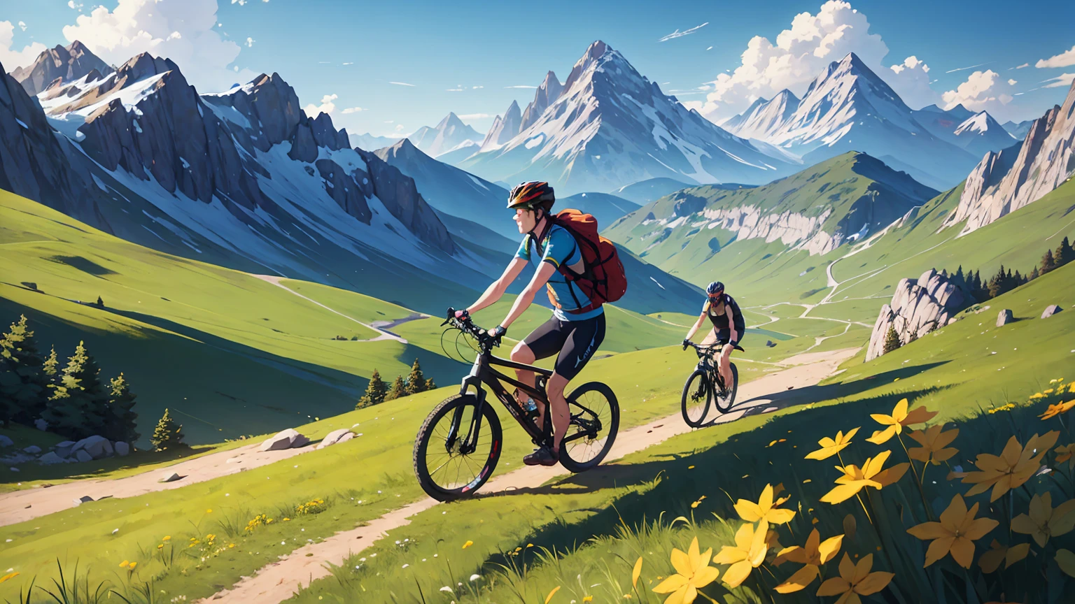 a couple of a latin girl and a european guy having a MTB bike ride in the mountain