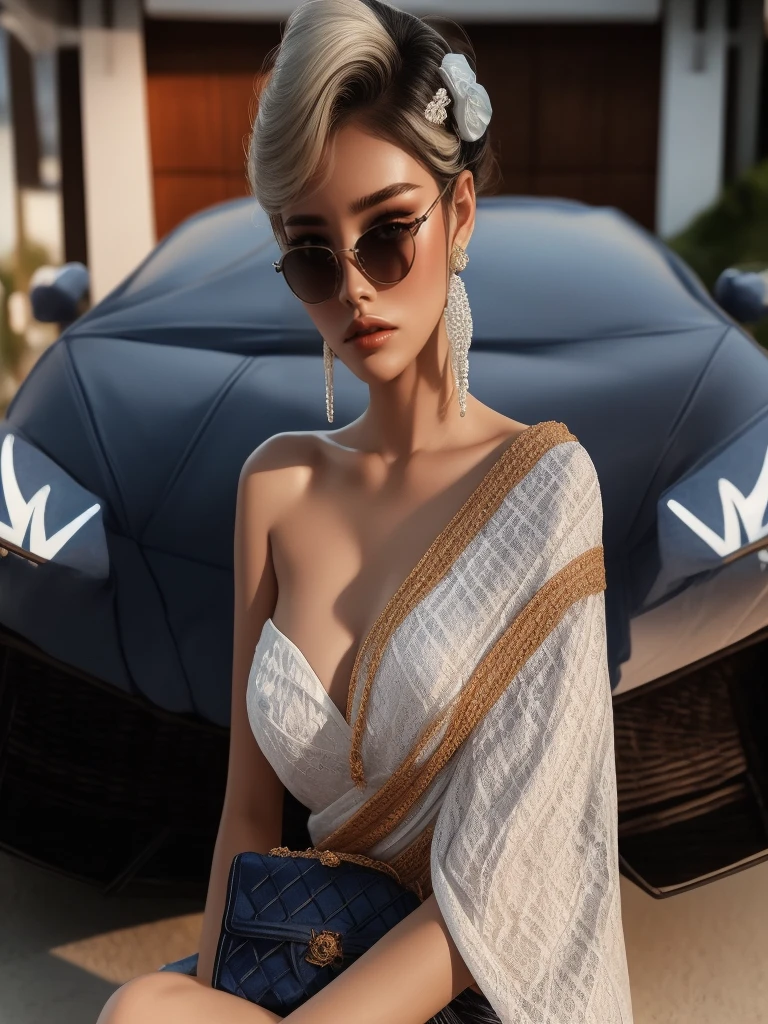 Thai women with beautiful faces and the most perfect bodies are charming and charming.  The skin has a radiant, pearl-colored glow.  Wearing a blue and white crochet dress.  Take a walk along the seaside  Evening atmosphere  The sun is about to set  There are waves crashing on the soft sandy beach.