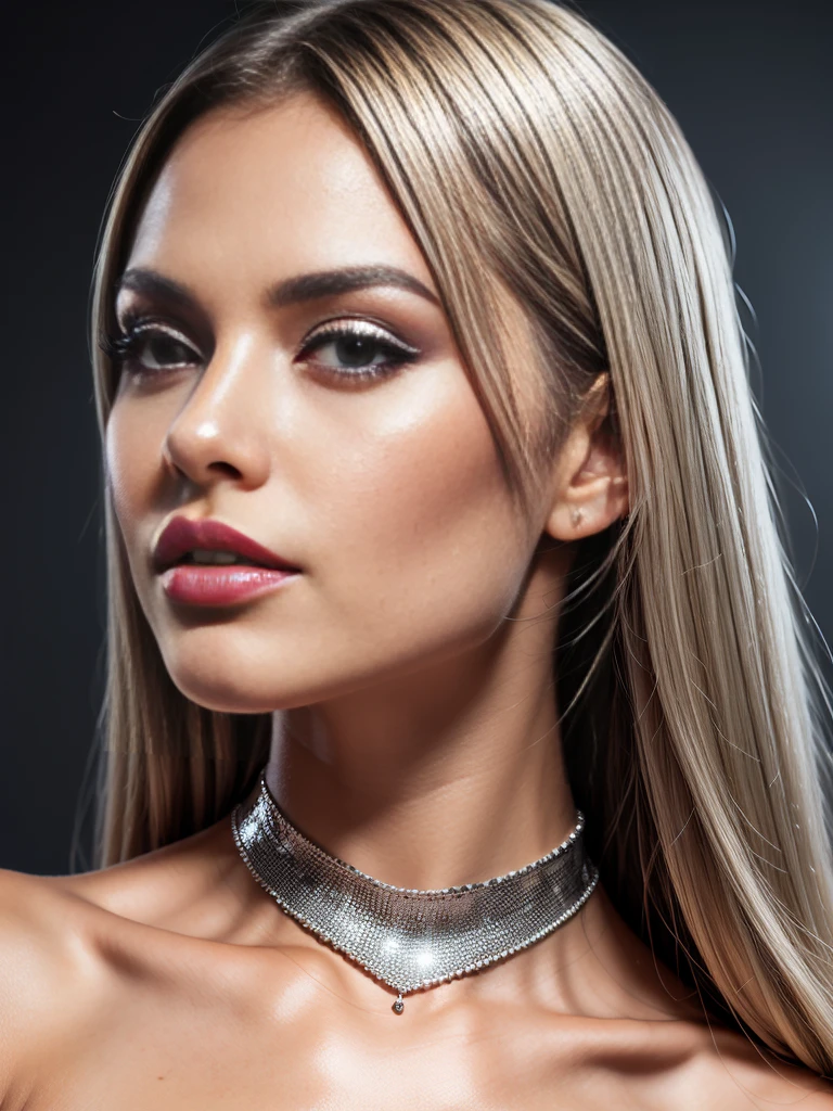 beautiful woman in ultra shiny silver clothes, makeup, (glossy lips: 1.4), hy-res, 8k