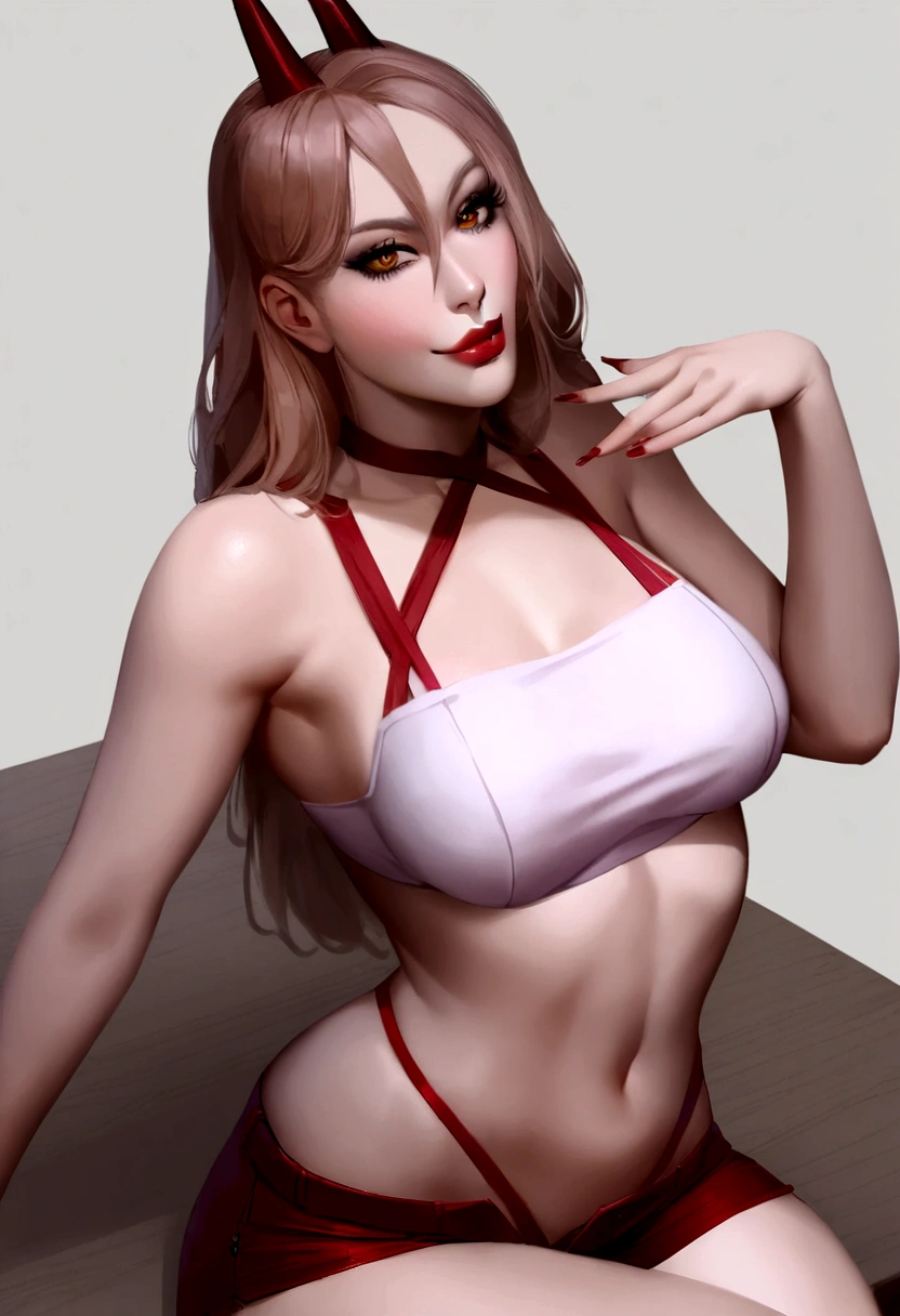 1 girl, short pink crop top revealing half of her midriff, short shorts slightly opened in the middle, sitting on a table in a sexy pose, mischievous smile, seductive, detailed lips, long eyelashes, realistic clothes , vivid colors, elegant, sensual, alluring, seductive, portrait