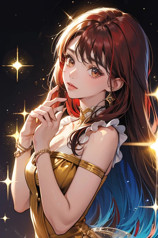 she has brown skin and brown eyes, blue,black,yelow, and red hair and the colors of her hair are on most of her. SPARKLE; GLITTER