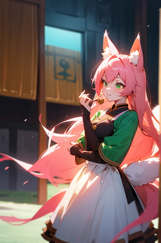 kitsune idol in a tavern, foxgirl, fox ears, fox tails, pink hair, green eyes, light blue idol dress, tavern background, high quality, masterpiece
