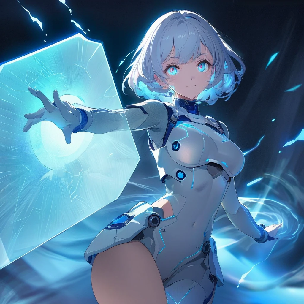 an image of a gentle girl with short, silvery-blue hair, wearing a futuristic, battle-ready outfit with glowing blue elements. She has a kind expression on her face, characterized by soft, warm eyes and a gentle smile with relaxed features. She is generating a large, translucent energy shield that shimmers with blue light, protecting herself and an area around her. The girl should be in a dynamic yet gentle pose, with one hand outstretched towards the viewer as if she's directing the shield and the other hand resting gently by her side. Her stance is strong yet relaxed, with one leg slightly bent. The background is dark and dramatic, with hints of blue light and energy waves illuminating their figures. The shield should have intricate, glowing patterns, enhancing the sense of her power and gentle control, (nude:0.9), detailed gorgeous face| anime style| key visual| intricate detail| highly detailed| breathtaking| vibrant| panoramic| cinematic| Carne Griffiths| Conrad Roset| gibbli 8k