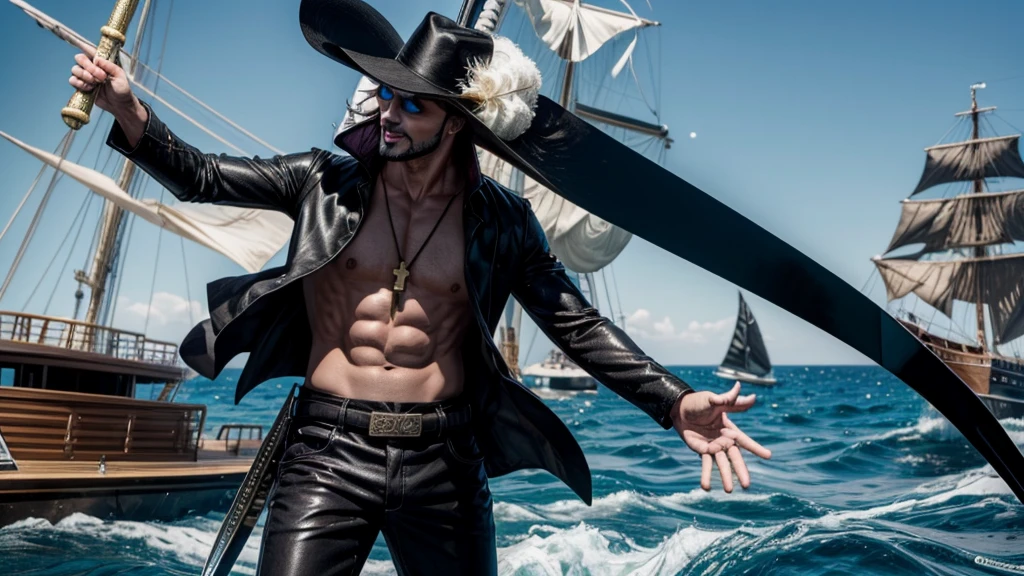 masterpiece, best quality, extremely detailed, hyperrealistic, photorealistic, a cool 40s man, ultra detailed face:1.3, black hat with feathers, on detailed yacht, sea, laughing, standing, dynamic pose, holding long black sword