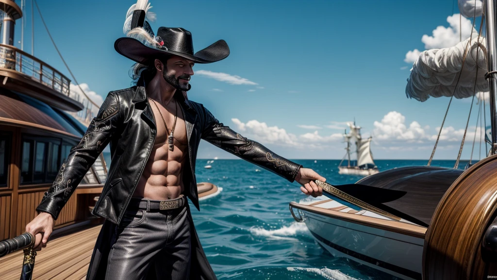 masterpiece, best quality, extremely detailed, hyperrealistic, photorealistic, a cool 40s man, ultra detailed face:1.3, black hat with feathers, on detailed yacht, sea, laughing, standing, dynamic pose, holding long black sword
