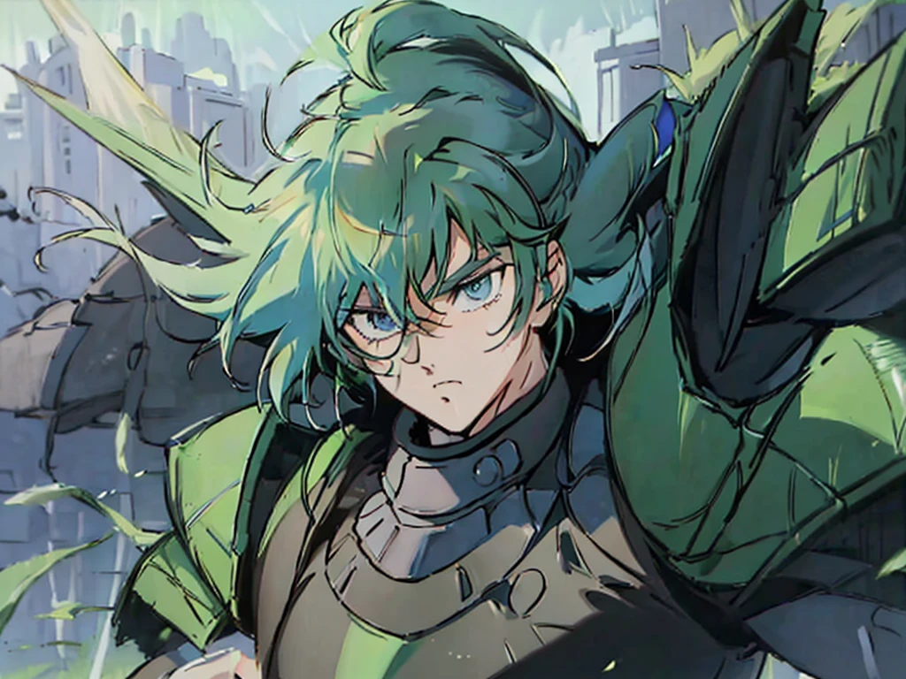 (masterpiece, high quality, vibrant colors: 1.0, anime style, 1980s /(style/), retro art style, clean brush strokes, highly detailed, perfect ???????), ((Korin Seiji)), 1 man, solo, (blonde hair, short hair, messy hair, asymmetrical parting, flipped hair), (beautiful eyes detailed), blue eyes, straight face, cowboy shot, (huge chest: 1.2, green armor, Korin's armor), slim waist: 1.0, wide hips 1.4, (waist armor, Korin's, realistic, highly detailed), (standing, leaning low, legs spread, holding a samurai sword), looking at the viewer, (cave background, on a rock), (front view, shot from below), holding a samurai sword in hand, score_10_up, score_9_up, score_8_up, score_7_up, score_6_up,