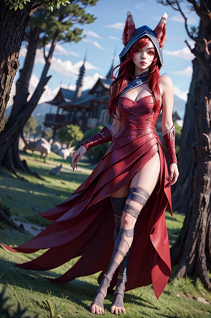 Grass, sky, Field, League of Legends, 1 girl, animal ears, bandage legs, long legs, bandage, bandage, bird legs, bird skull, layer, Shut up, ears through headdress, eyes visible through hair, facial marks, feathers, hood, hooded layer, wide, yellow eyes, Red hair, armor, blue chal, chal, chal, chal, chal wide, hooded chal, red dress, dress, nose ring, nostrils