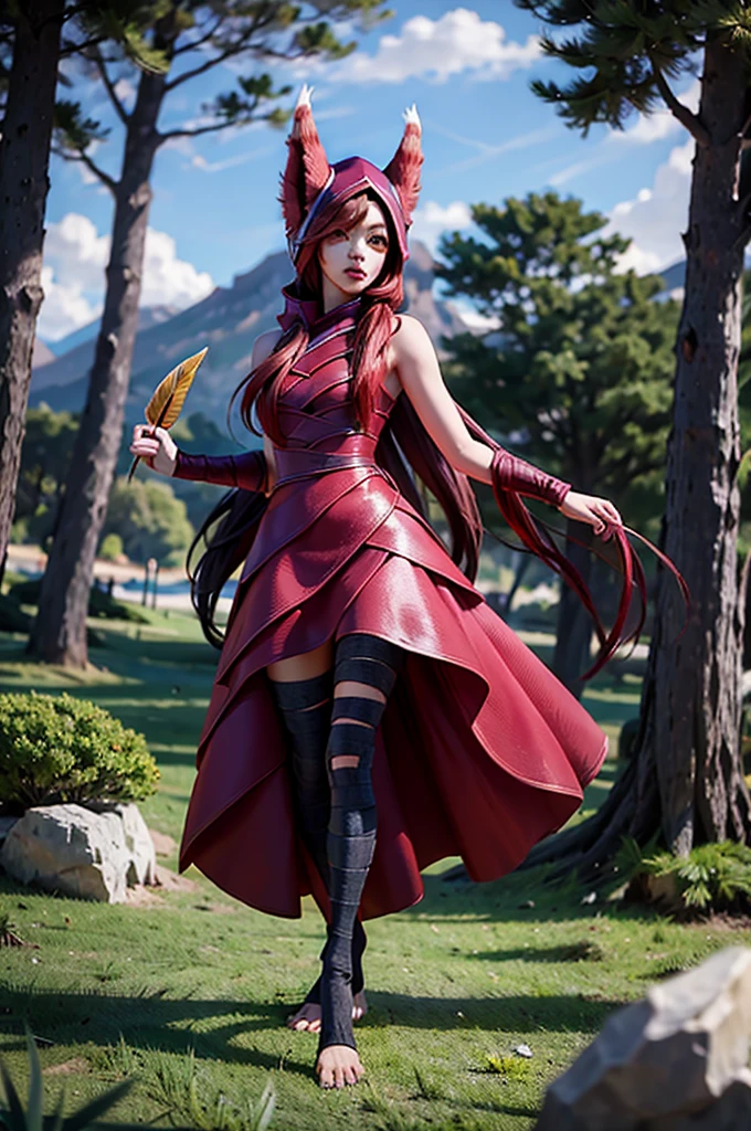 Grass, sky, Field, League of Legends, 1 girl, animal ears, bandage legs, long legs, bandage, bandage, bird legs, bird skull, layer, Shut up, ears through headdress, eyes visible through hair, facial marks, feathers, hood, hooded layer, wide, yellow eyes, Red hair, armor, blue chal, chal, chal, chal, chal wide, hooded chal, red dress, dress, nose ring, nostrils