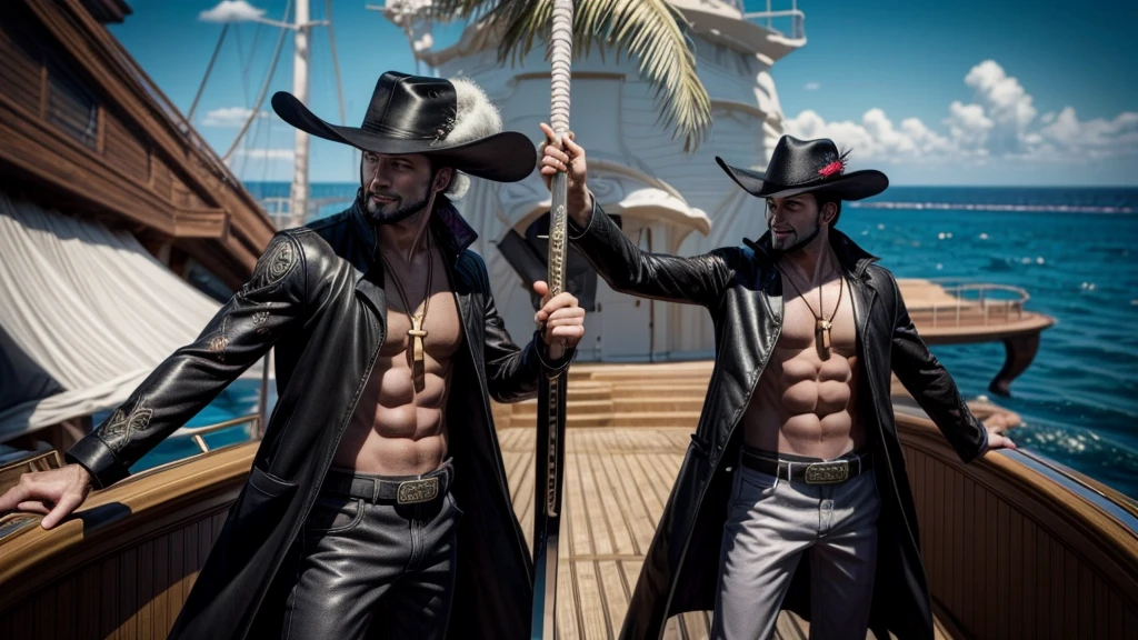 masterpiece, best quality, extremely detailed, hyperrealistic, photorealistic, a cool 40s man, ultra detailed face:1.3, black hat with feathers, on detailed yacht, sea, laughing, standing, dynamic pose, holding long black sword