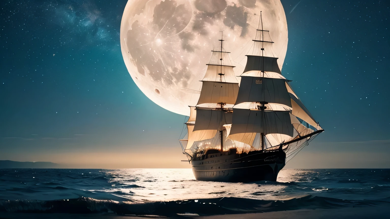 Ocean、Big full moon、night、Big sailing ship、Peaceful、Healing、8K、Starry Sky、Cinematic、Tranquility、mysterious、Big Ship、Big moon.