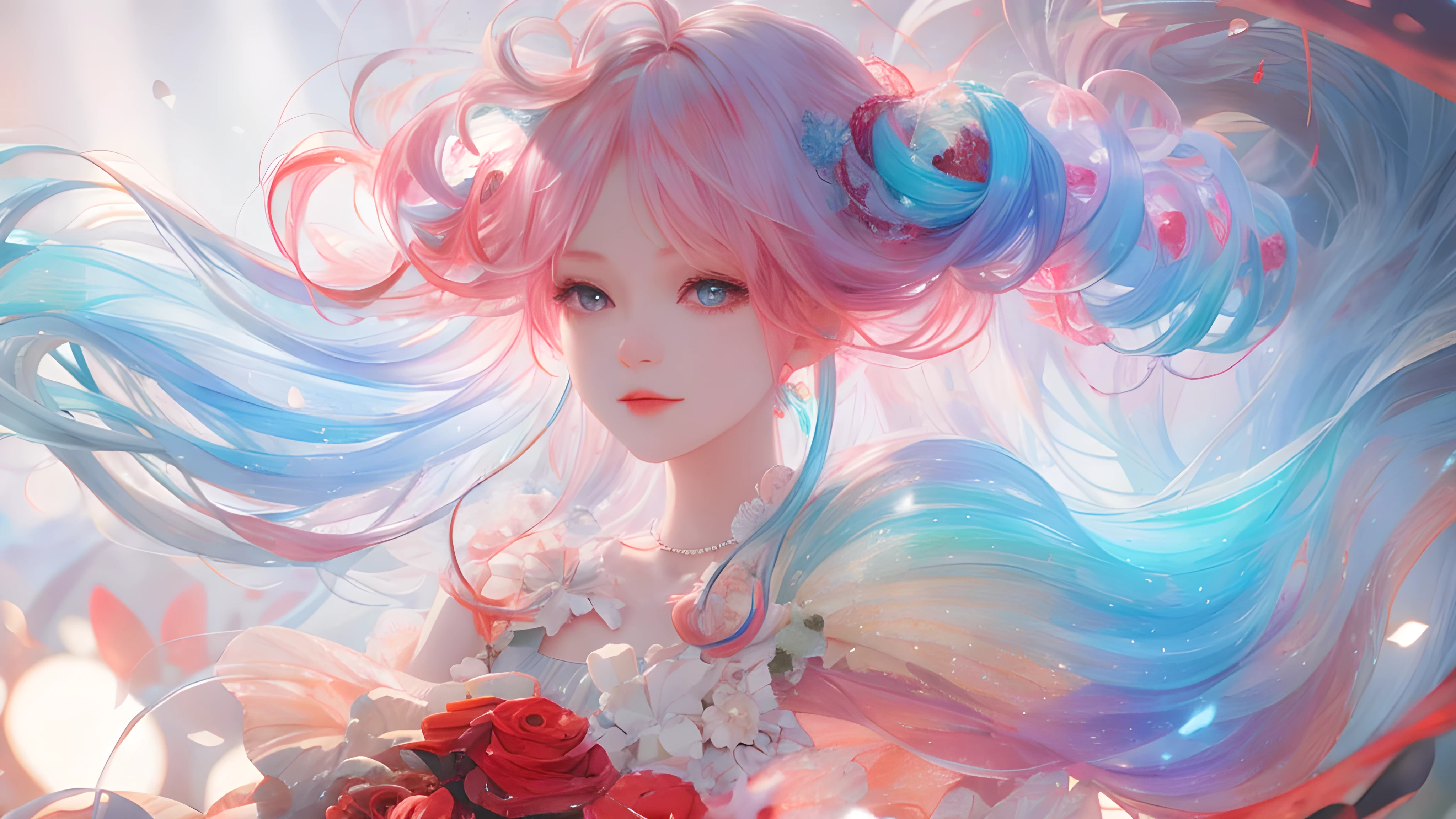 A girl,Rainbow Hair,romanticized nature,curls,A dreamlike state,light white and light red,Great atmosphere,Beautifully,CG Rendering,Detailed rendering