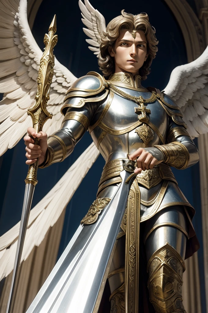 Saint Michael archangel with sword in battle defeating the enemy