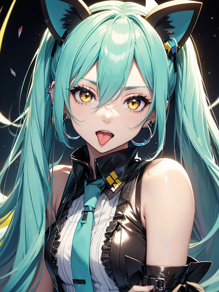 Hatsune Miku, makeup, earrings, yellow eyes, cat ears, showing the tongue