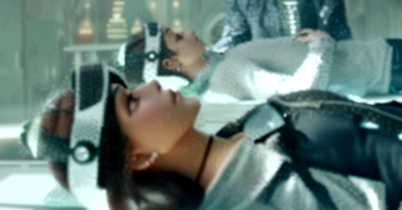there is a woman laying on a bed with a pair of headphones on, still from a music video, music video, ariana grande in star wars, waist - up, performing a music video, fashionable, daft punk style, zoe kravitz futuristic astronaut, movie still of a cool cyborg, lying down, brilliant, kpop, youtube video screenshot, screenshot from a movie, unfortunate
