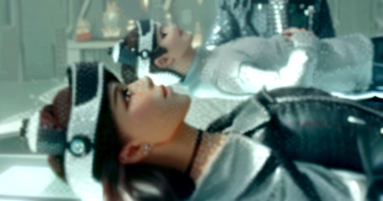 there is a woman laying on a bed with a pair of headphones on, still from a music video, music video, ariana grande in star wars, waist - up, performing a music video, fashionable, daft punk style, zoe kravitz futuristic astronaut, movie still of a cool cyborg, lying down, brilliant, kpop, youtube video screenshot, screenshot from a movie, unfortunate