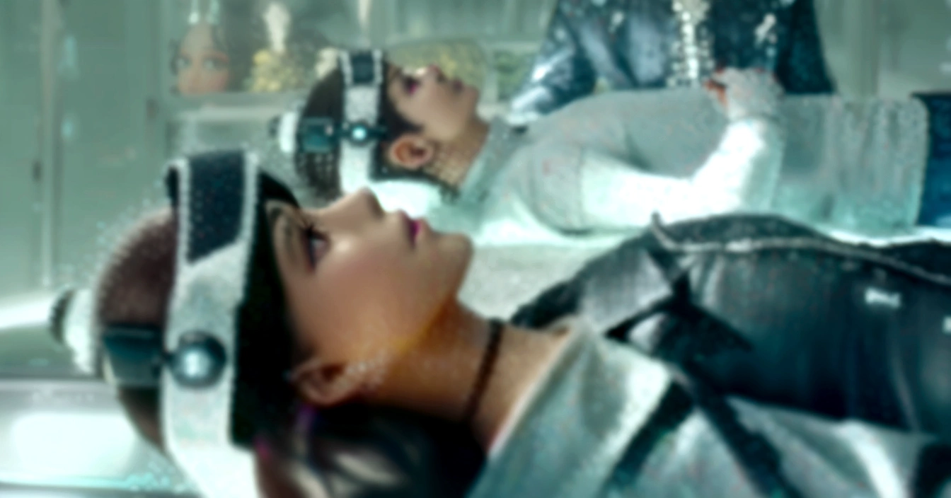 there is a woman laying on a bed with a pair of headphones on, still from a music video, music video, ariana grande in star wars, waist - up, performing a music video, fashionable, daft punk style, zoe kravitz futuristic astronaut, movie still of a cool cyborg, lying down, brilliant, kpop, youtube video screenshot, screenshot from a movie, unfortunate