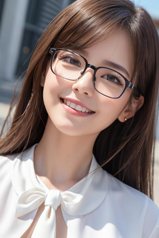 (8K、Highest quality、masterpiece:1.2)、(Realistic、Photorealistic:1.37)、Ultra-detailed、Ultra-high resolution、1 girl、Seeing the viewer、Beautifully detailed face、Laughter、narrow、(Slim waist) :1.3)、((White blouse))、Beautifully detailed skin、Skin Texture、Floating Hair、((Tie your hair together))、Professional Lighting、In front of the station at noon、((Black square glasses))、Human whole body、Brown Hair、anime