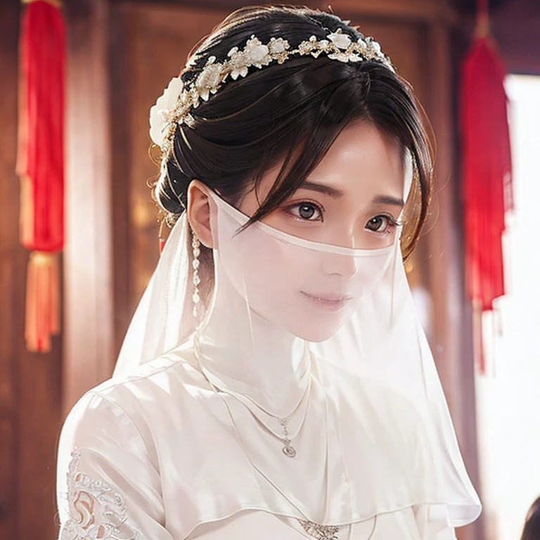 Head close-up(((Eyes are very delicate)))(((hair accessories)))(((veil))),necklace,Wearing a white transparent sexy silk dress, ((skin glowing))The room is filled with Chinese New Year decorations(((masterpiece))), ((best quality)), ((intricate details)), ((Surreal))(8K)